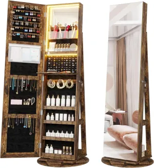 Vlsrka LED Light Jewelry Cabinet with Full Length Mirror 360° Swivel, Large Jewelry Organizer Armoire Lockable Free Standing Mirror with Jewelry Storage, Inside Makeup Mirror, Foldable Makeup Shelf
