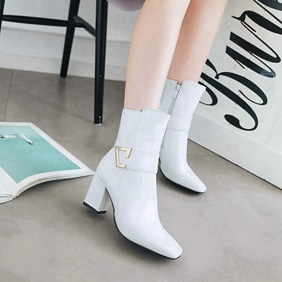 VOKLIN Women's Fashion Pointed Toe Chelsea Ankle Boots Chunky High Heels Zipper Booties Dressy Short Boot