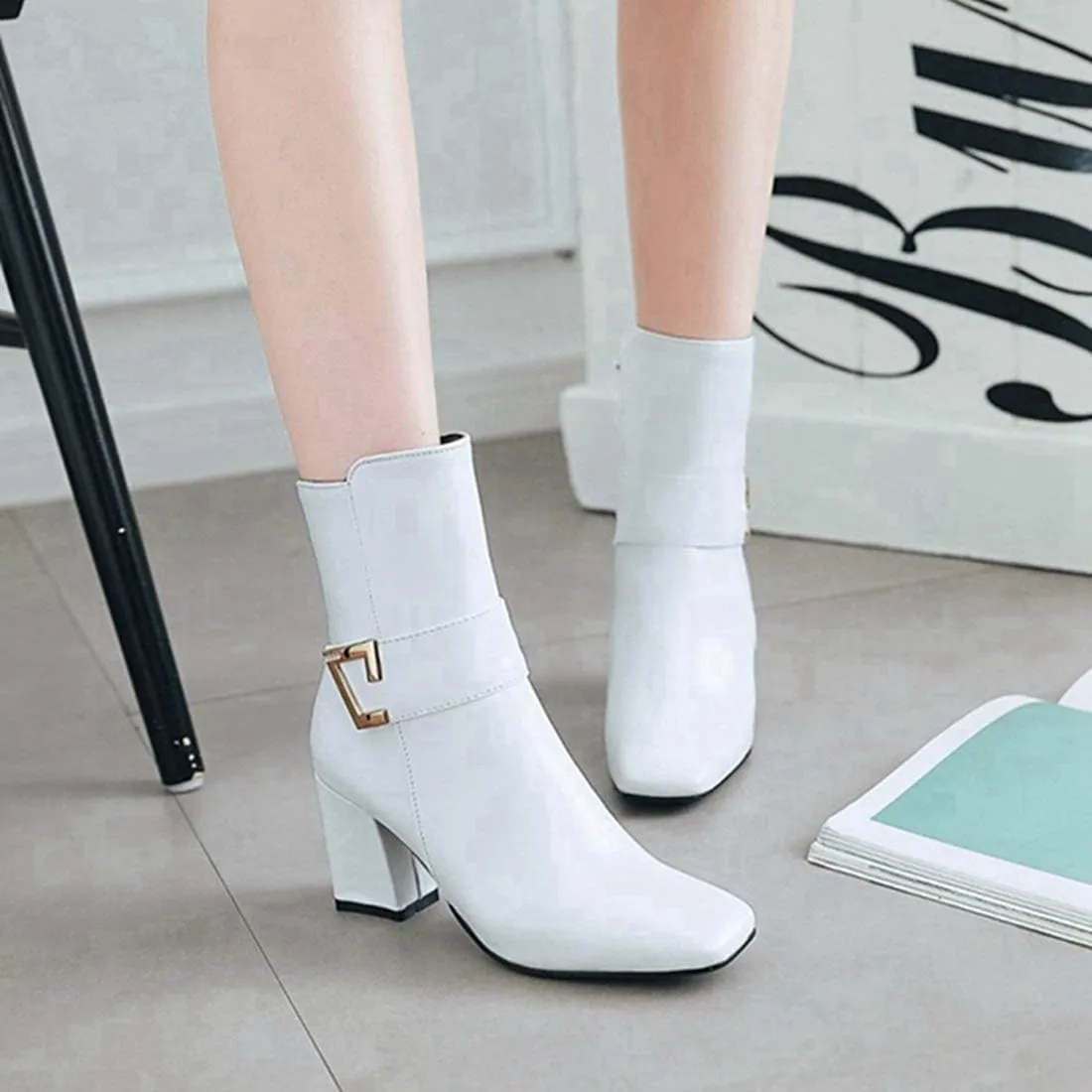 VOKLIN Women's Fashion Pointed Toe Chelsea Ankle Boots Chunky High Heels Zipper Booties Dressy Short Boot