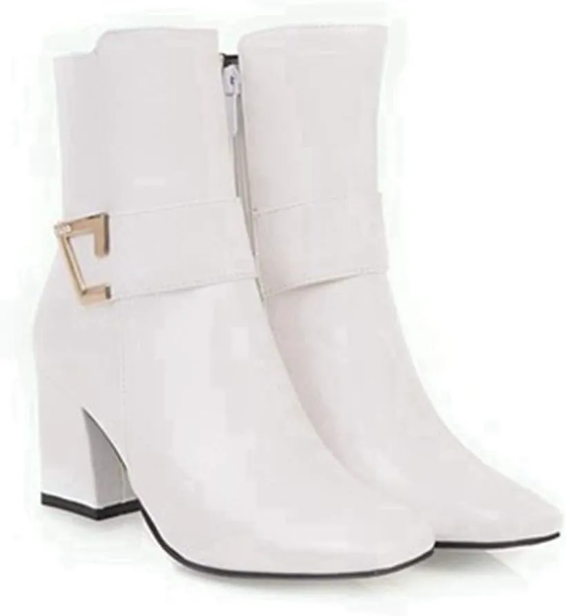 VOKLIN Women's Fashion Pointed Toe Chelsea Ankle Boots Chunky High Heels Zipper Booties Dressy Short Boot