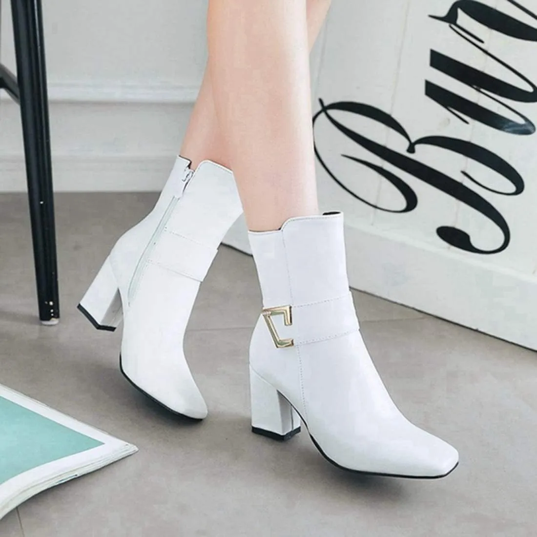 VOKLIN Women's Fashion Pointed Toe Chelsea Ankle Boots Chunky High Heels Zipper Booties Dressy Short Boot
