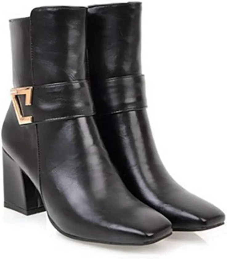 VOKLIN Women's Fashion Pointed Toe Chelsea Ankle Boots Chunky High Heels Zipper Booties Dressy Short Boot