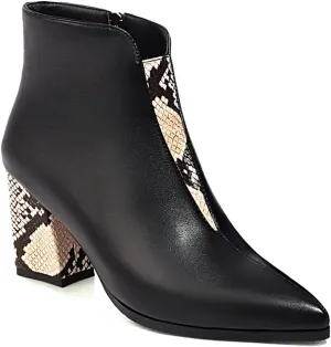 VOKLIN Women's Fashion Pointed Toe Dressy Ankle Boots Zipper Chunky Block High Heels Western Short Booties