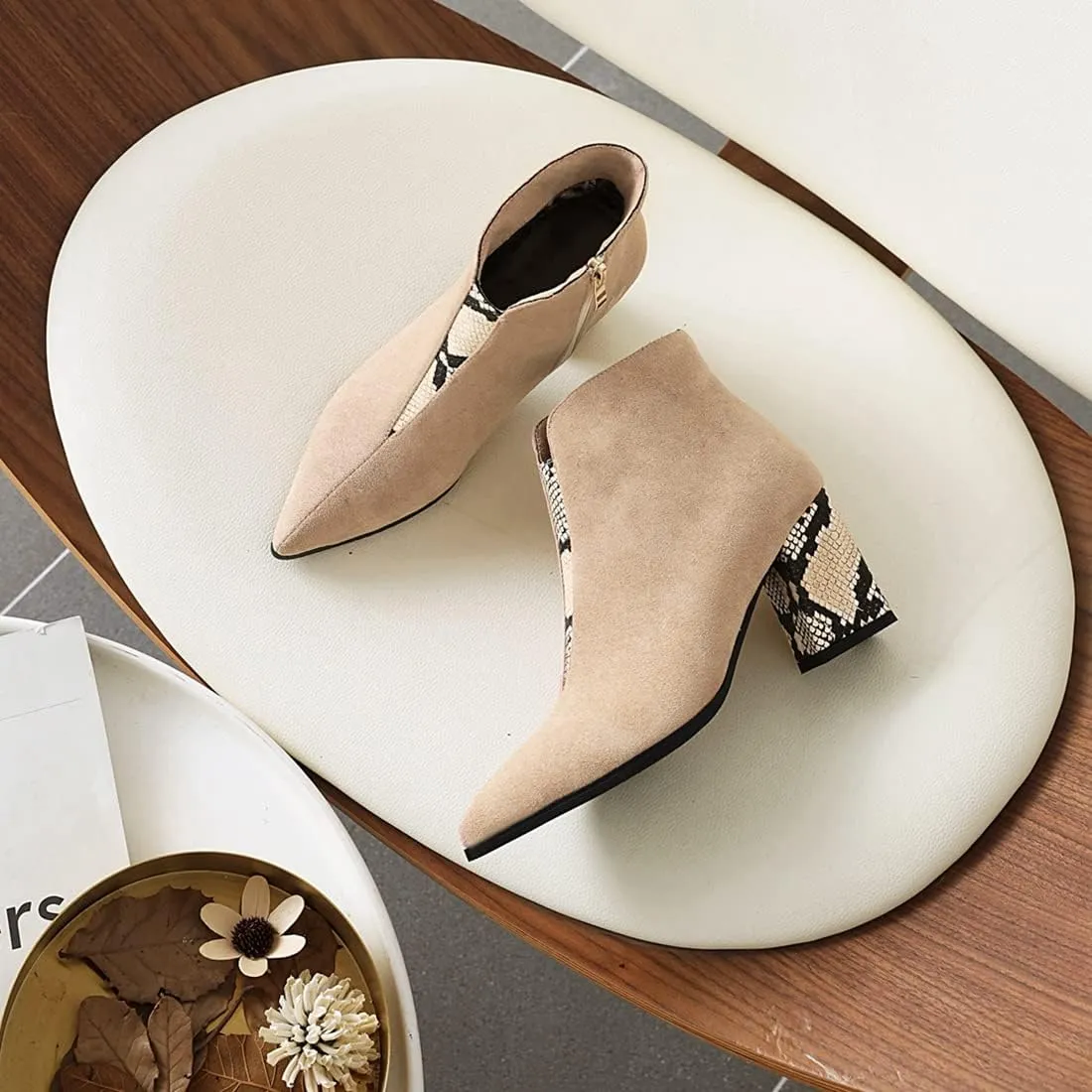 VOKLIN Women's Fashion Pointed Toe Dressy Ankle Boots Zipper Chunky Block High Heels Western Short Booties