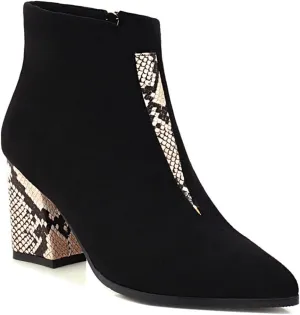 VOKLIN Women's Fashion Pointed Toe Dressy Ankle Boots Zipper Chunky Block High Heels Western Short Booties