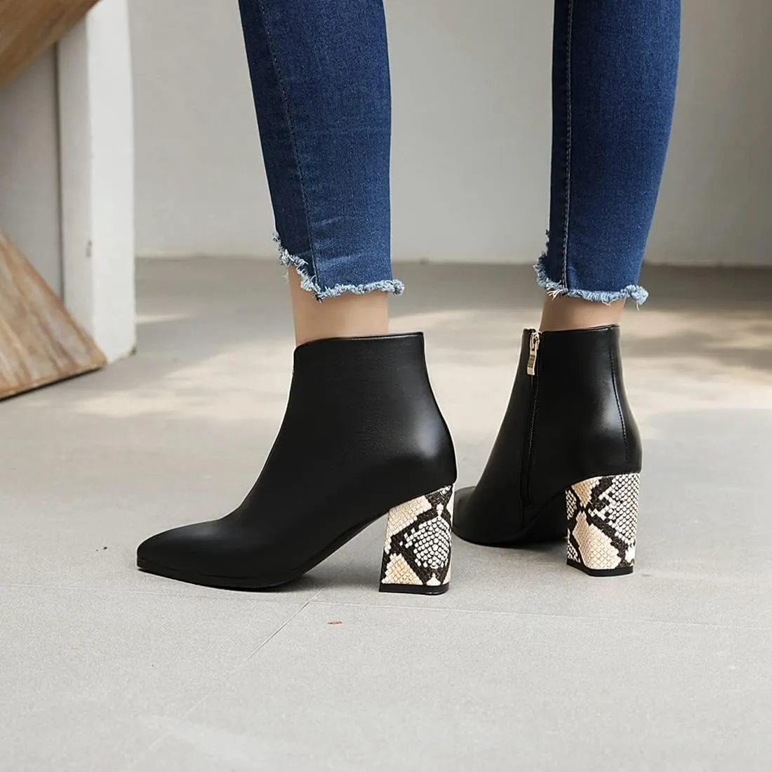 VOKLIN Women's Fashion Pointed Toe Dressy Ankle Boots Zipper Chunky Block High Heels Western Short Booties