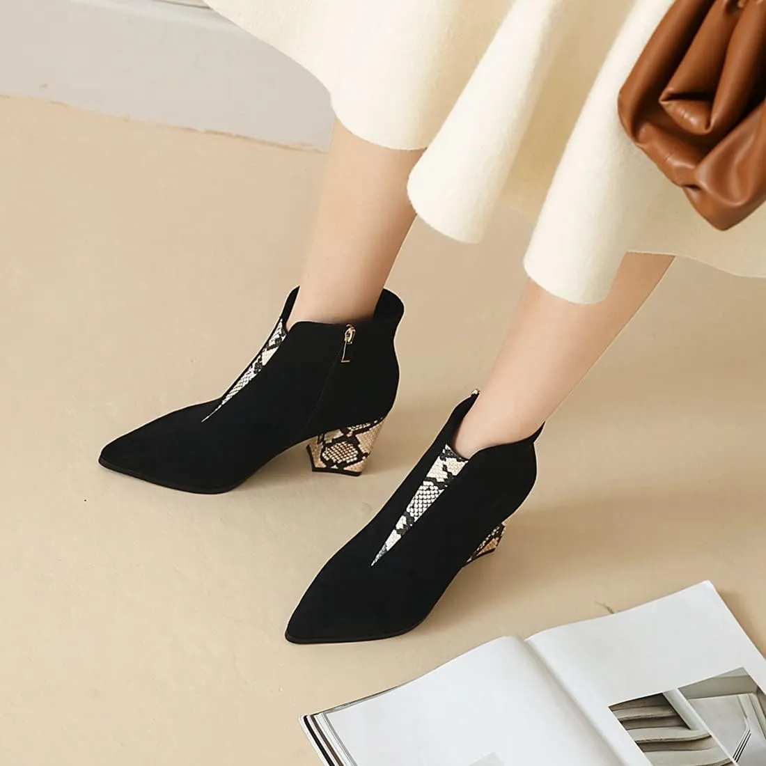VOKLIN Women's Fashion Pointed Toe Dressy Ankle Boots Zipper Chunky Block High Heels Western Short Booties