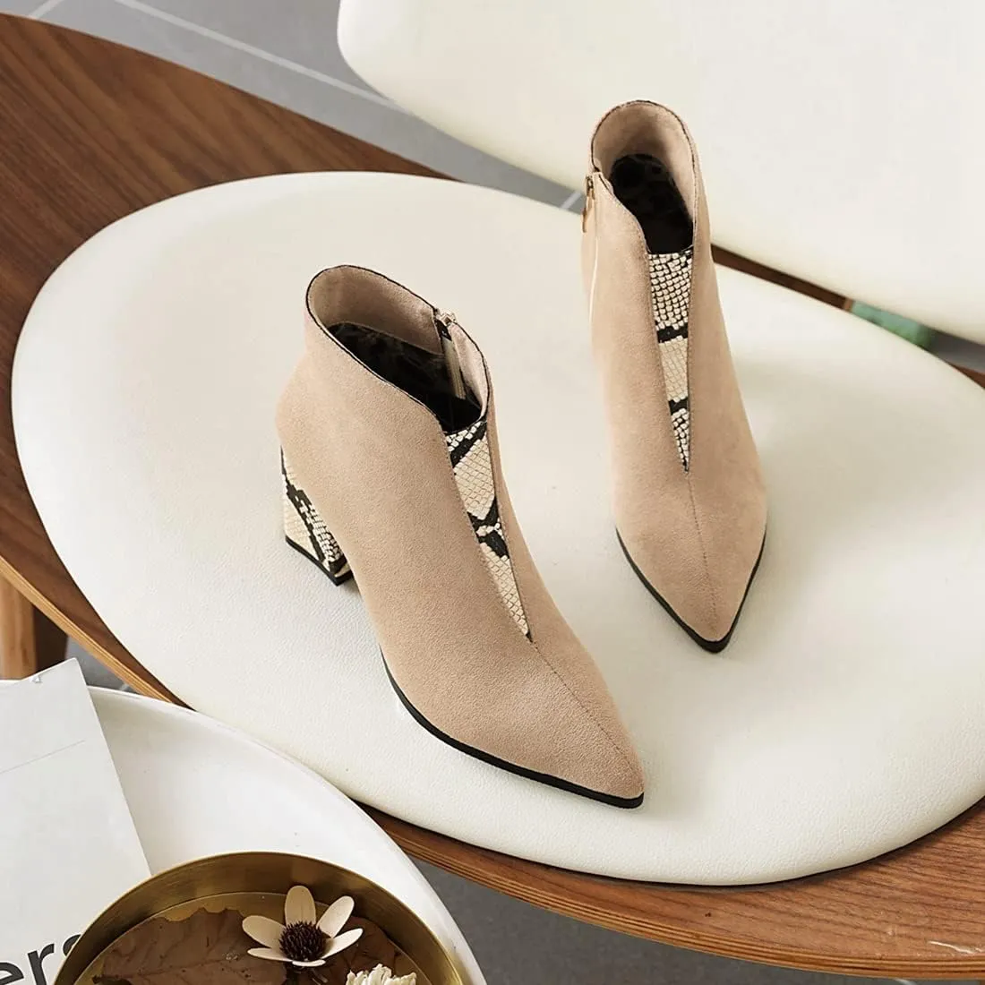 VOKLIN Women's Fashion Pointed Toe Dressy Ankle Boots Zipper Chunky Block High Heels Western Short Booties