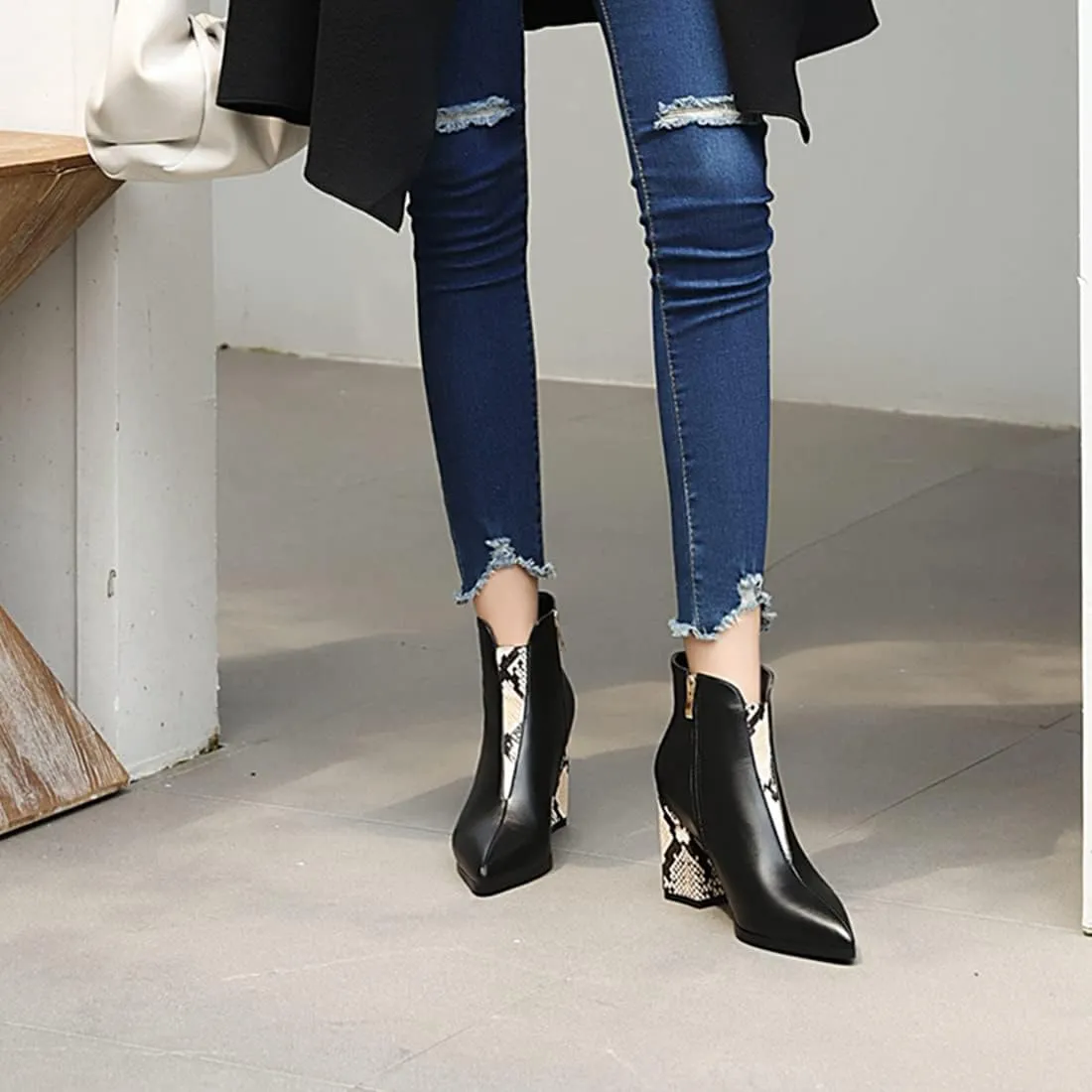 VOKLIN Women's Fashion Pointed Toe Dressy Ankle Boots Zipper Chunky Block High Heels Western Short Booties