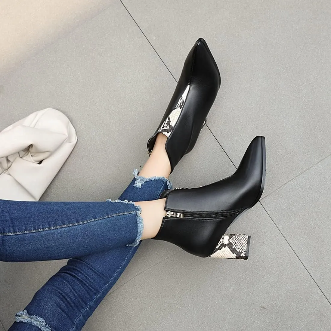 VOKLIN Women's Fashion Pointed Toe Dressy Ankle Boots Zipper Chunky Block High Heels Western Short Booties