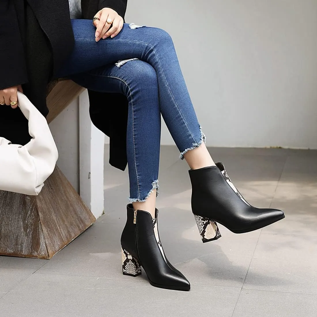 VOKLIN Women's Fashion Pointed Toe Dressy Ankle Boots Zipper Chunky Block High Heels Western Short Booties