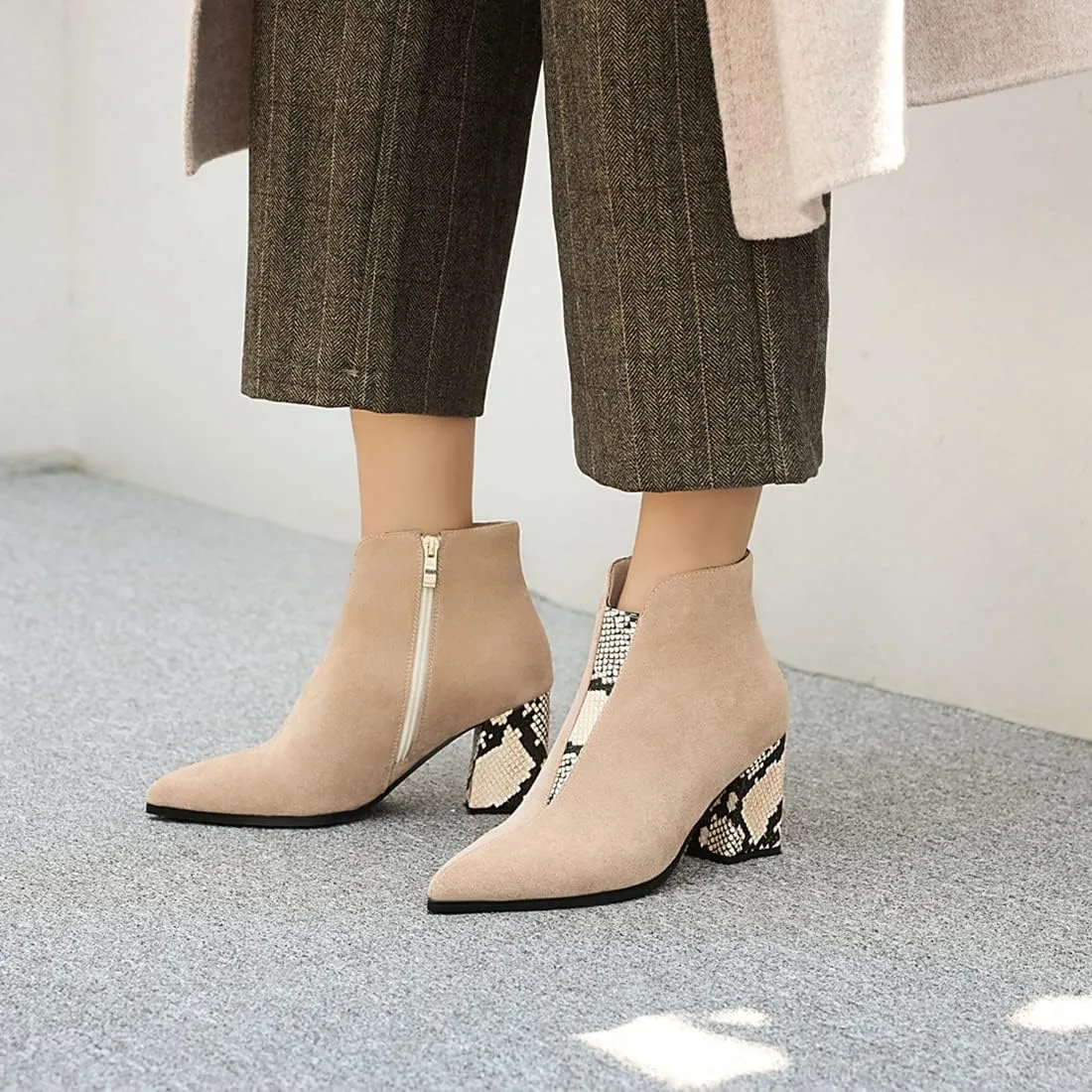 VOKLIN Women's Fashion Pointed Toe Dressy Ankle Boots Zipper Chunky Block High Heels Western Short Booties