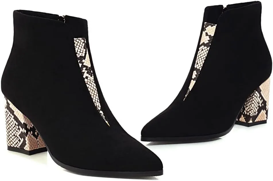 VOKLIN Women's Fashion Pointed Toe Dressy Ankle Boots Zipper Chunky Block High Heels Western Short Booties