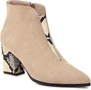 VOKLIN Women's Fashion Pointed Toe Dressy Ankle Boots Zipper Chunky Block High Heels Western Short Booties