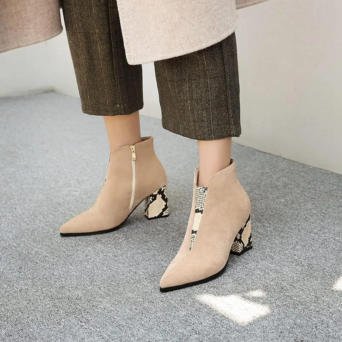 VOKLIN Women's Fashion Pointed Toe Dressy Ankle Boots Zipper Chunky Block High Heels Western Short Booties