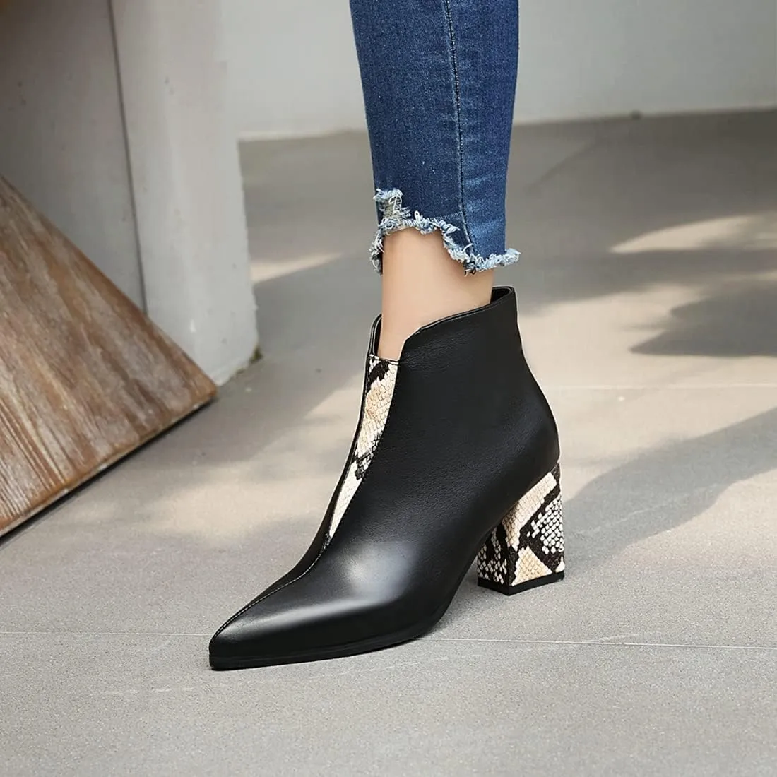 VOKLIN Women's Fashion Pointed Toe Dressy Ankle Boots Zipper Chunky Block High Heels Western Short Booties