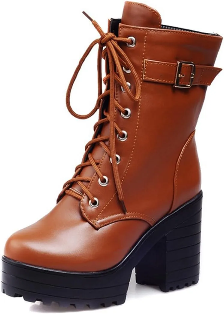 VOKLIN Women's Lace Up Chunky Platform High Heels Dressy Ankle Boots Round Toe Buckle Dress Short Booties