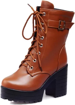 VOKLIN Women's Lace Up Chunky Platform High Heels Dressy Ankle Boots Round Toe Buckle Dress Short Booties