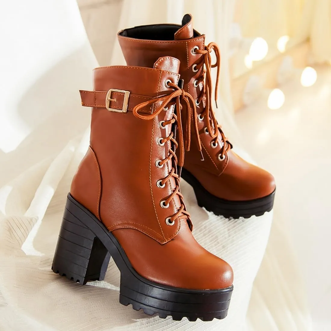 VOKLIN Women's Lace Up Chunky Platform High Heels Dressy Ankle Boots Round Toe Buckle Dress Short Booties