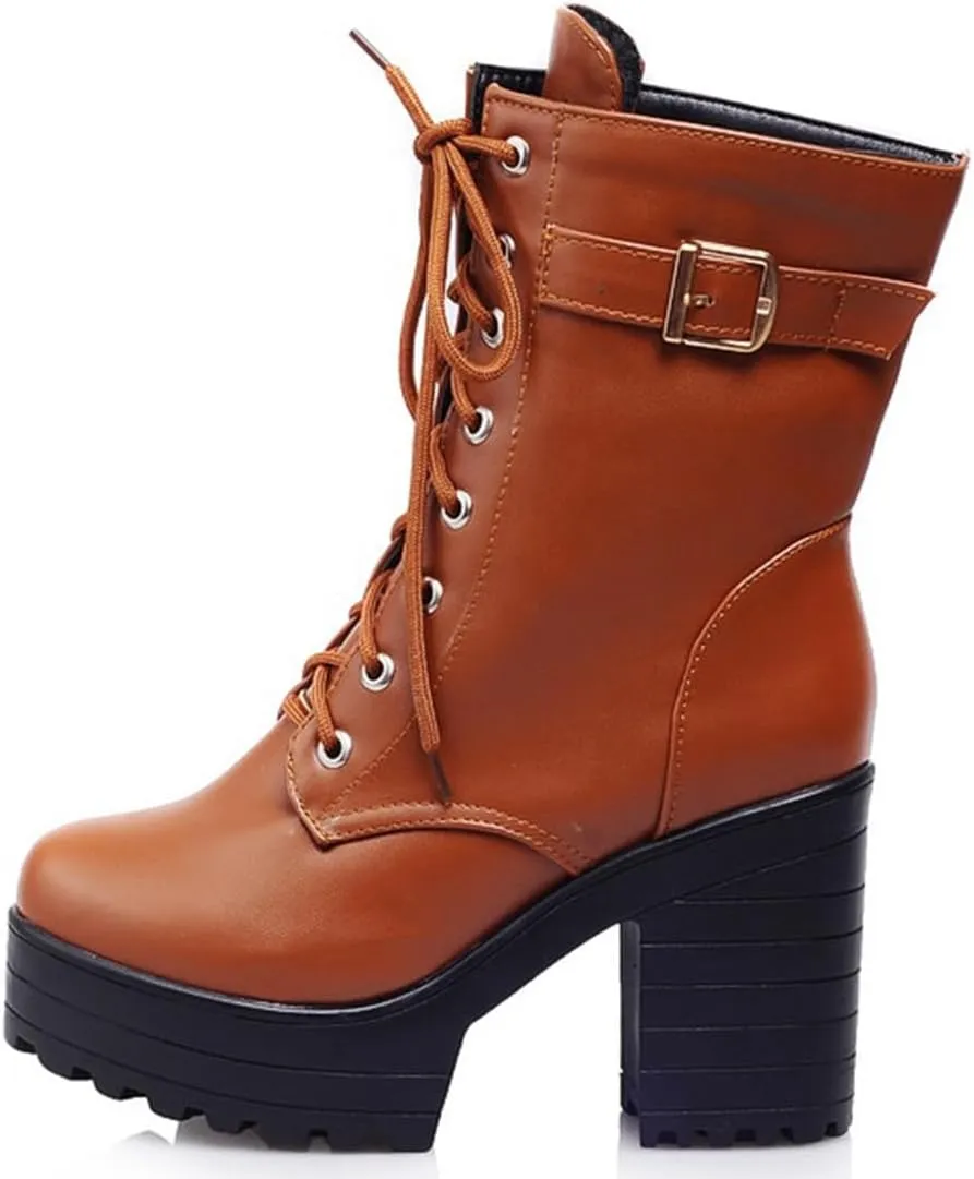 VOKLIN Women's Lace Up Chunky Platform High Heels Dressy Ankle Boots Round Toe Buckle Dress Short Booties