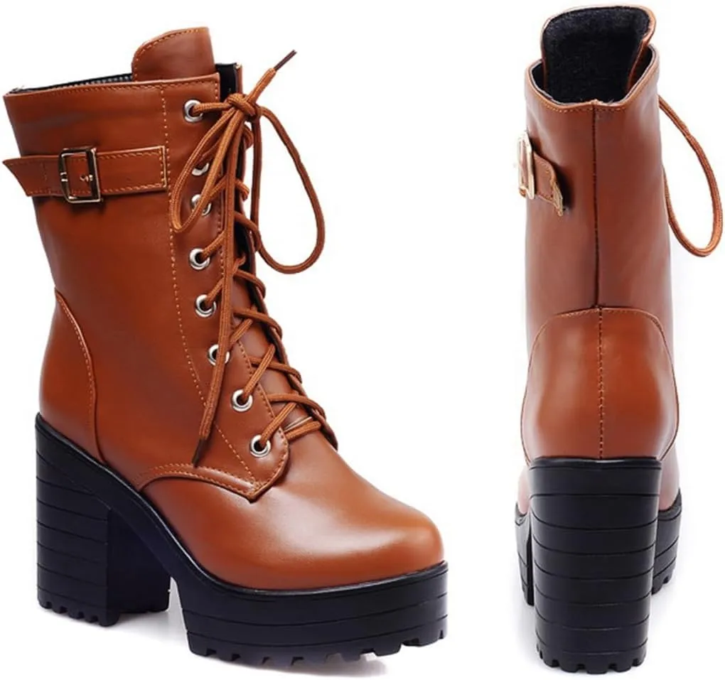 VOKLIN Women's Lace Up Chunky Platform High Heels Dressy Ankle Boots Round Toe Buckle Dress Short Booties