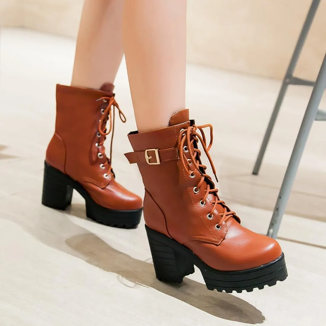 VOKLIN Women's Lace Up Chunky Platform High Heels Dressy Ankle Boots Round Toe Buckle Dress Short Booties