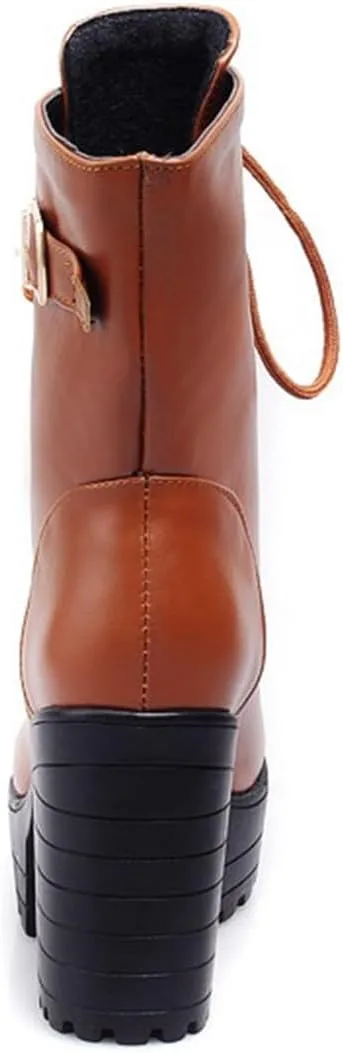 VOKLIN Women's Lace Up Chunky Platform High Heels Dressy Ankle Boots Round Toe Buckle Dress Short Booties