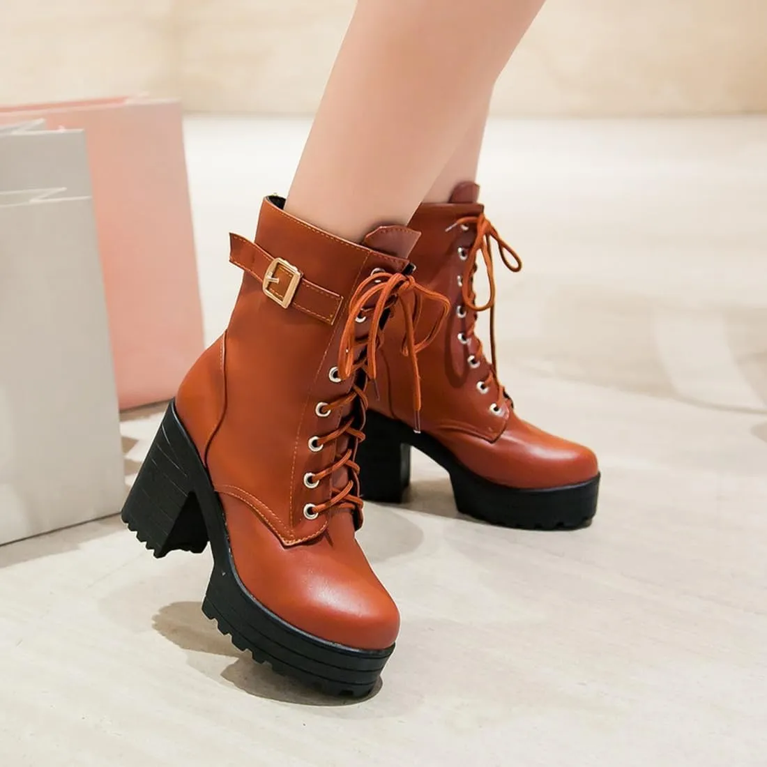 VOKLIN Women's Lace Up Chunky Platform High Heels Dressy Ankle Boots Round Toe Buckle Dress Short Booties