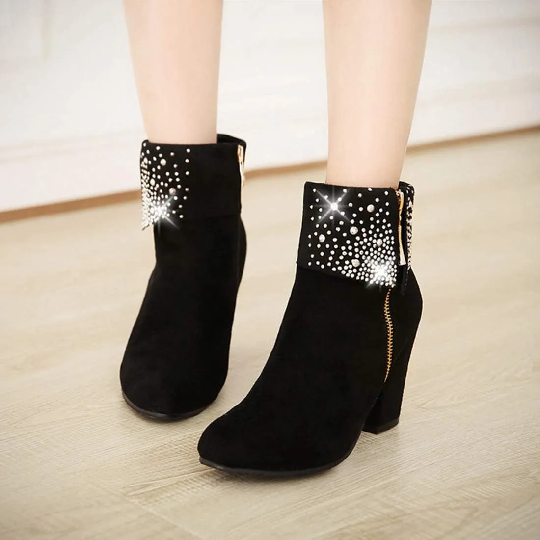VOKLIN Women's Round Toe Rhinestone Dressy Ankle Boots Suede Zipper Chunky Block High Heels Short Booties