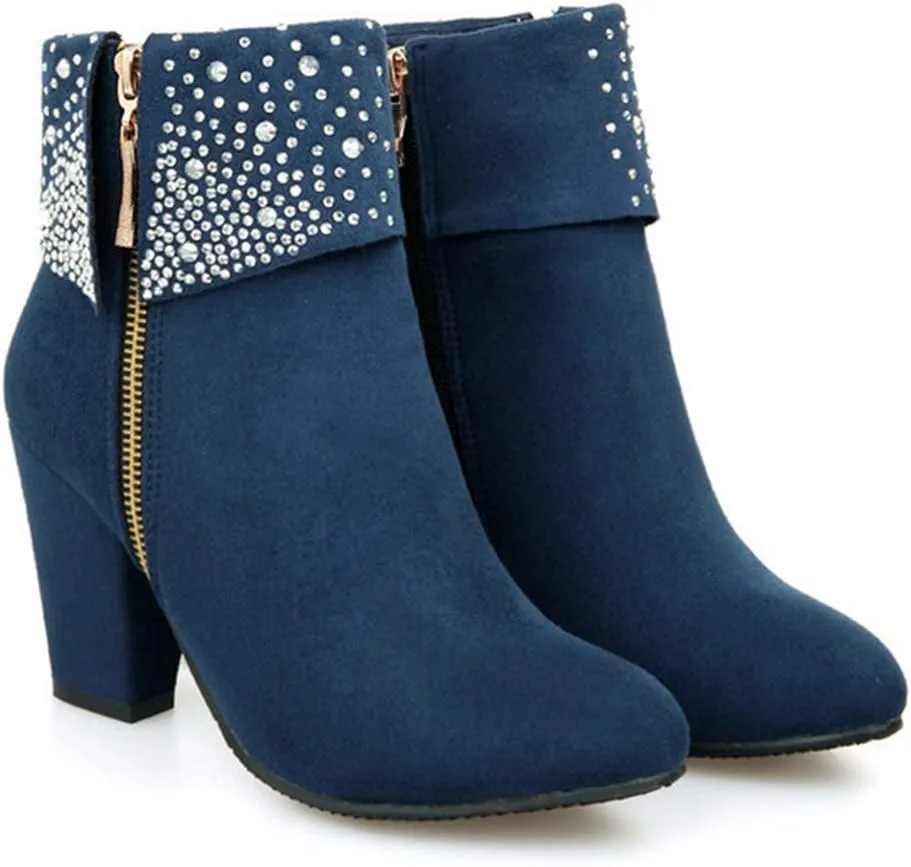 VOKLIN Women's Round Toe Rhinestone Dressy Ankle Boots Suede Zipper Chunky Block High Heels Short Booties