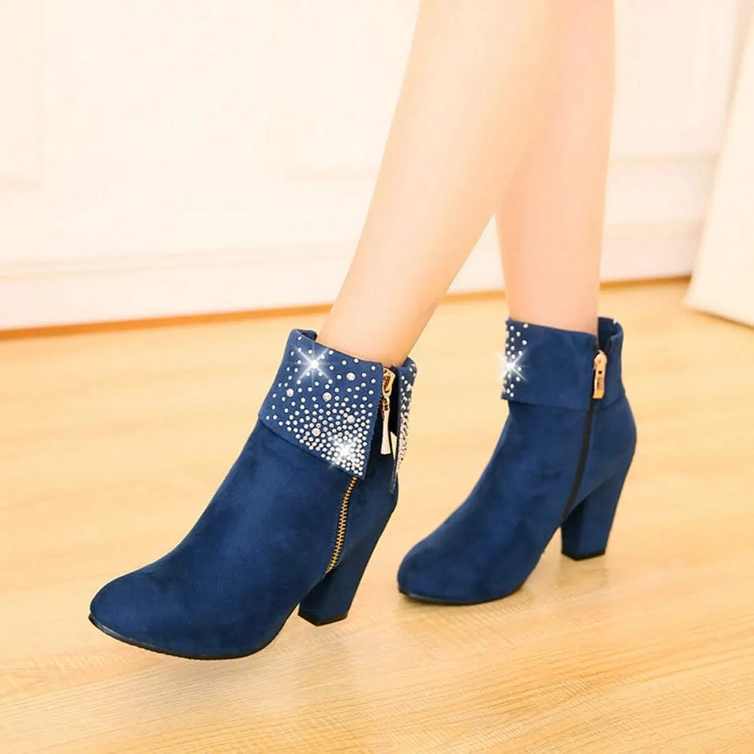 VOKLIN Women's Round Toe Rhinestone Dressy Ankle Boots Suede Zipper Chunky Block High Heels Short Booties