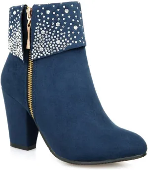 VOKLIN Women's Round Toe Rhinestone Dressy Ankle Boots Suede Zipper Chunky Block High Heels Short Booties