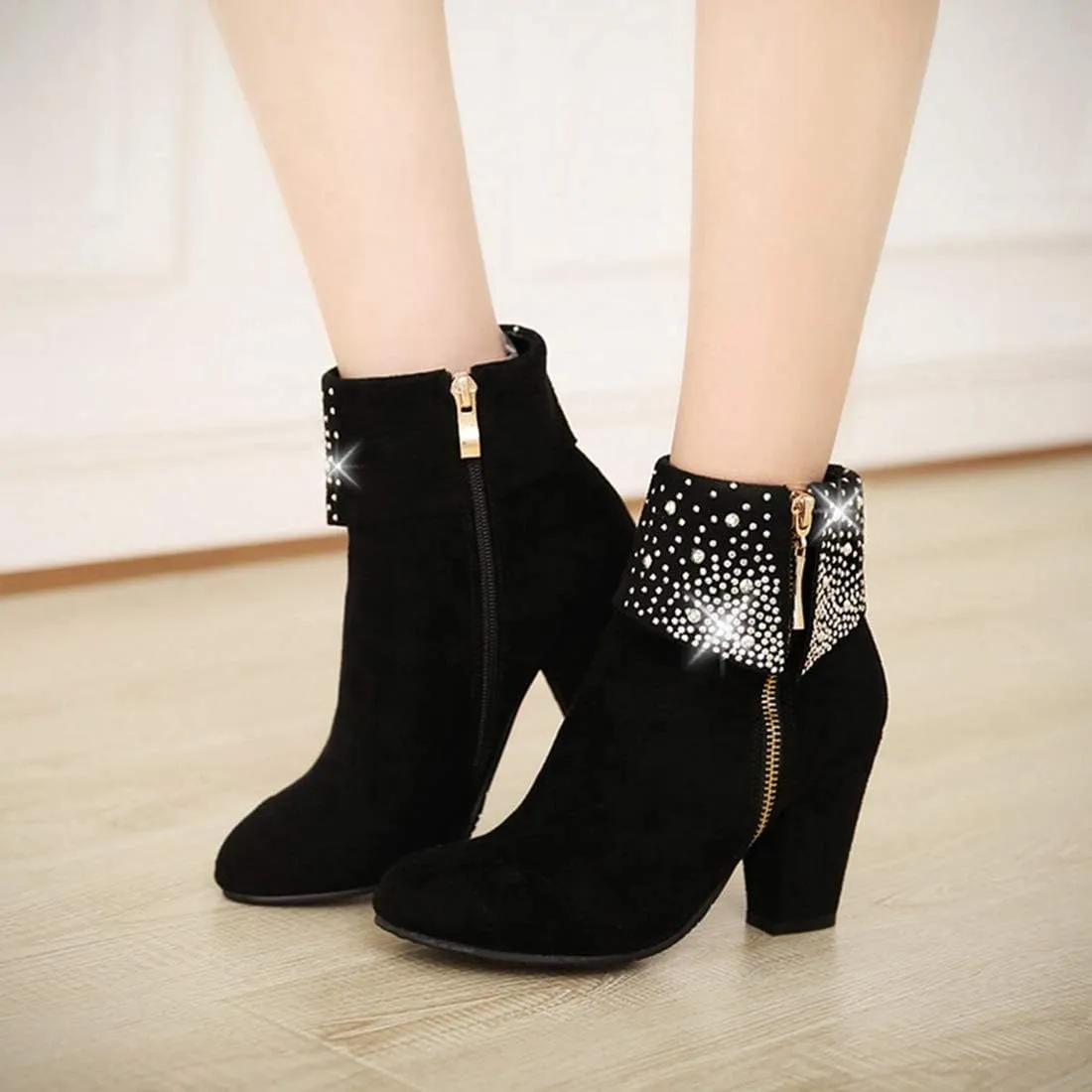 VOKLIN Women's Round Toe Rhinestone Dressy Ankle Boots Suede Zipper Chunky Block High Heels Short Booties