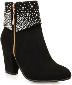 VOKLIN Women's Round Toe Rhinestone Dressy Ankle Boots Suede Zipper Chunky Block High Heels Short Booties