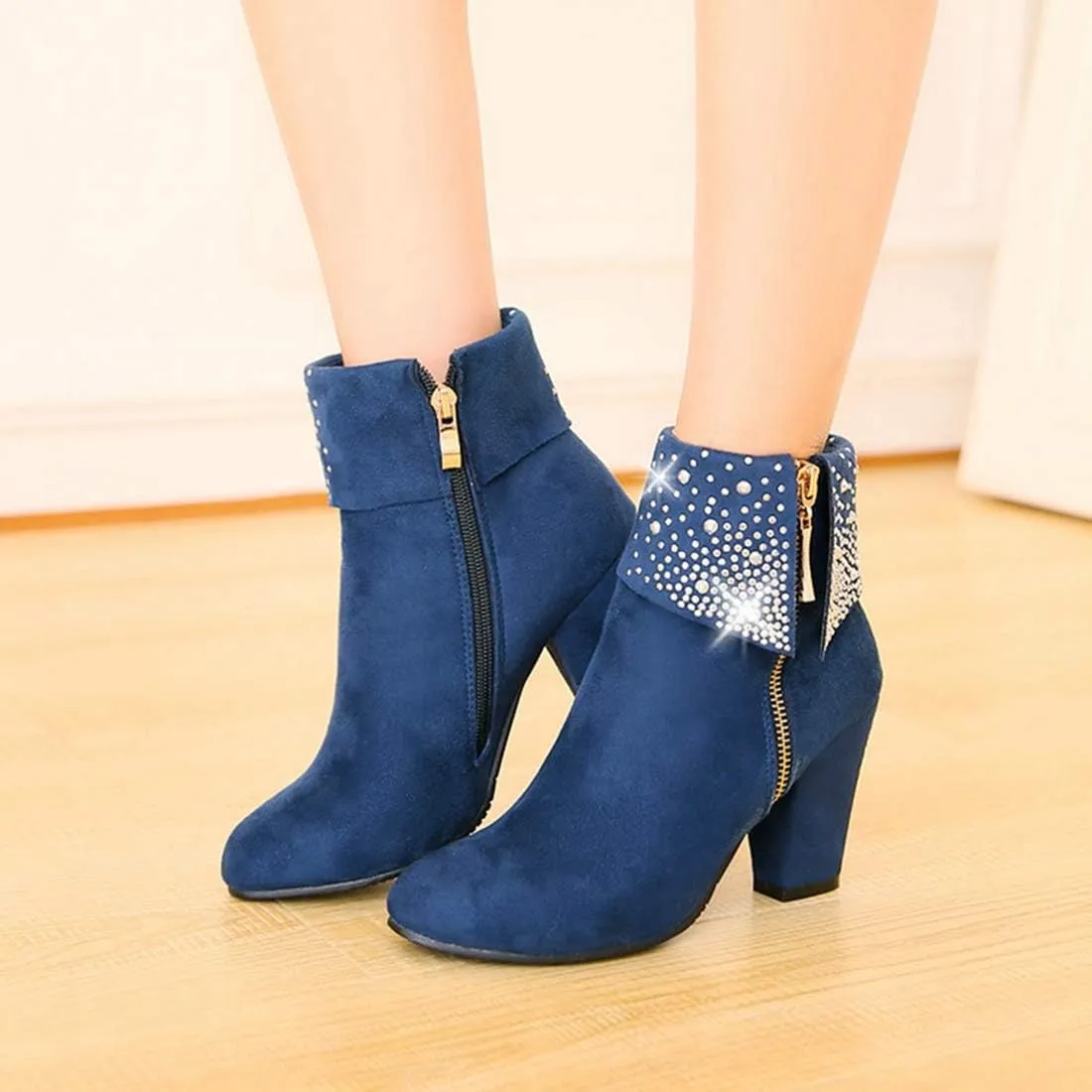 VOKLIN Women's Round Toe Rhinestone Dressy Ankle Boots Suede Zipper Chunky Block High Heels Short Booties