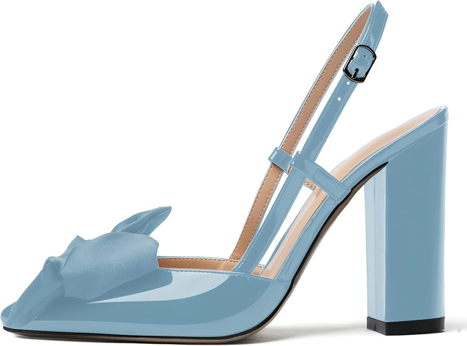 WAYDERNS Women's Slingback Bow Decorated Pointed Toe Buckle Patent Block High Heel Pumps Shoes 4 Inch