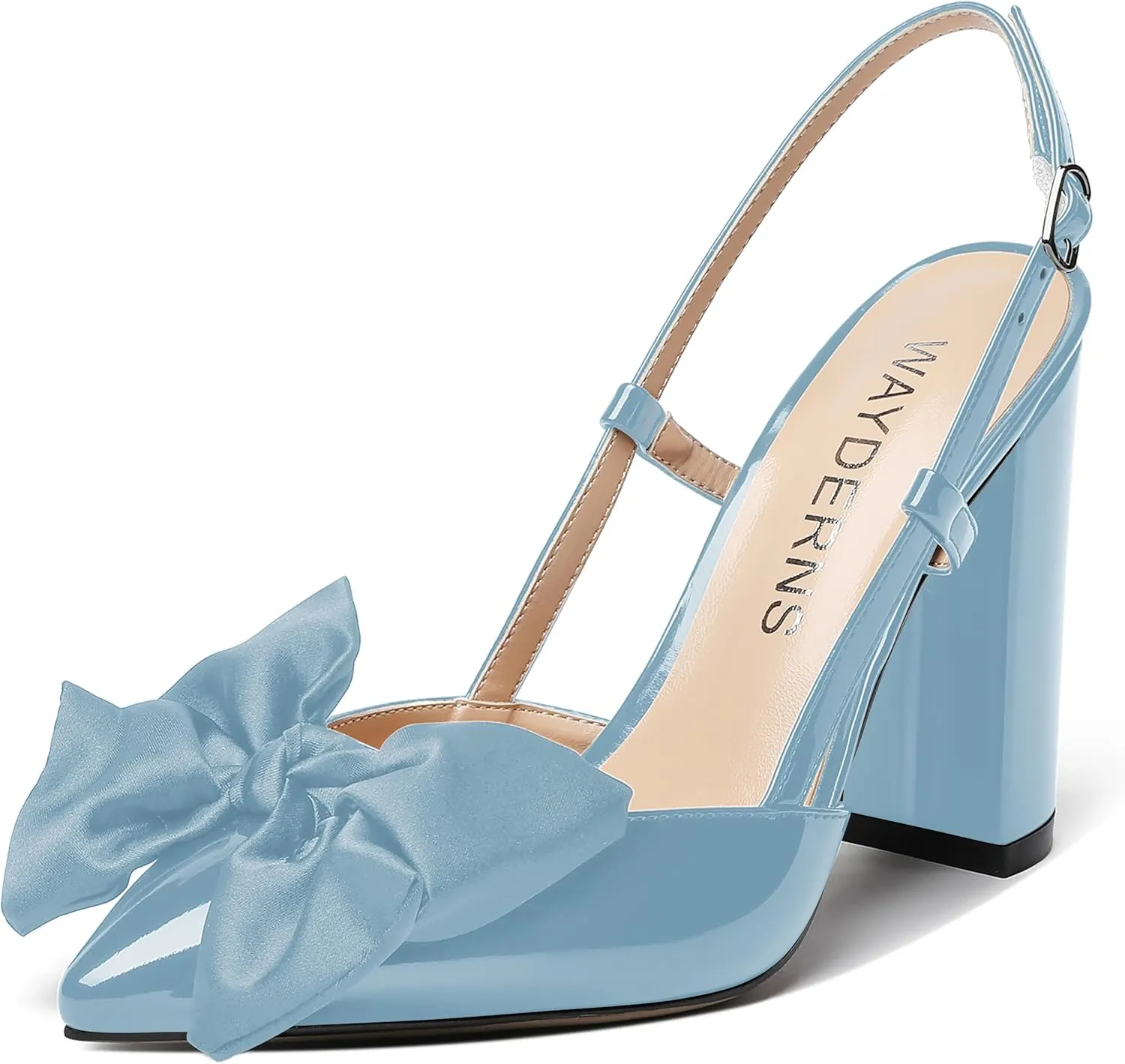WAYDERNS Women's Slingback Bow Decorated Pointed Toe Buckle Patent Block High Heel Pumps Shoes 4 Inch