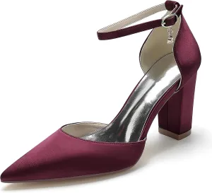 Women Pointed Block Chunky Heel Bride Bridesmaid Pumps for Ankle Strap Heeled Sandals Wedding Dress Shoes