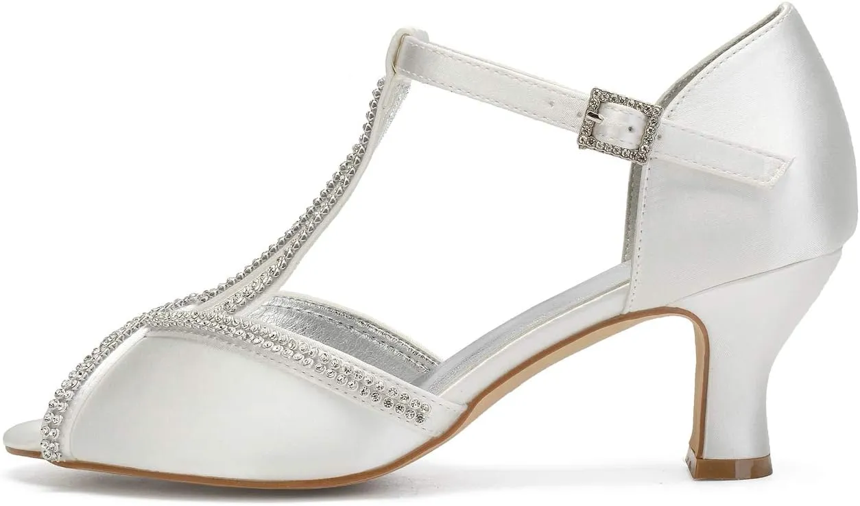 Women Wedding Shoes for Bride Peep Toe Kitten Heels Satin Ankle Buckle Strap Bridal Shoes Prom Evening Party Dress Pumps