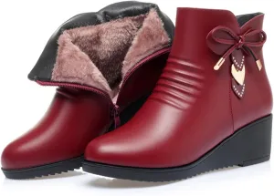 Women's Black Wedge Heel Ankle Booties Soft Leather Platform Side Zipper Sparkling Rhinestones Winter Warm Fur Lined Thickening Snow Boot