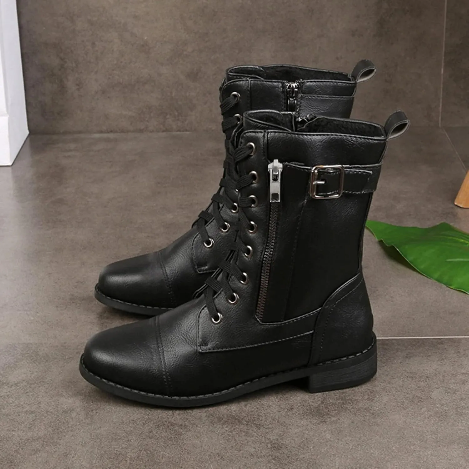 Womens Boots Fashion Side Zipper Lace Up Chunky Heel Motorcycle Boots for Women Soft Leather Mid-Calf Boots