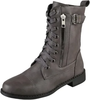 Womens Boots Fashion Side Zipper Lace Up Chunky Heel Motorcycle Boots for Women Soft Leather Mid-Calf Boots