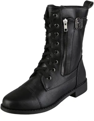 Womens Boots Fashion Side Zipper Lace Up Chunky Heel Motorcycle Boots for Women Soft Leather Mid-Calf Boots