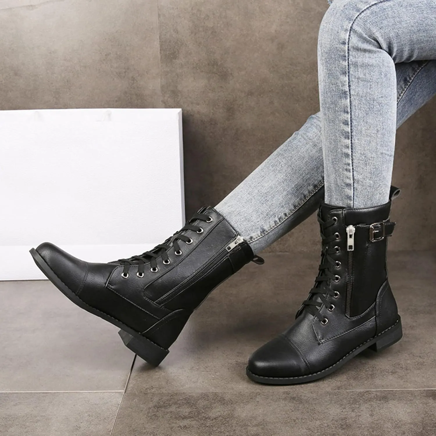 Womens Boots Fashion Side Zipper Lace Up Chunky Heel Motorcycle Boots for Women Soft Leather Mid-Calf Boots