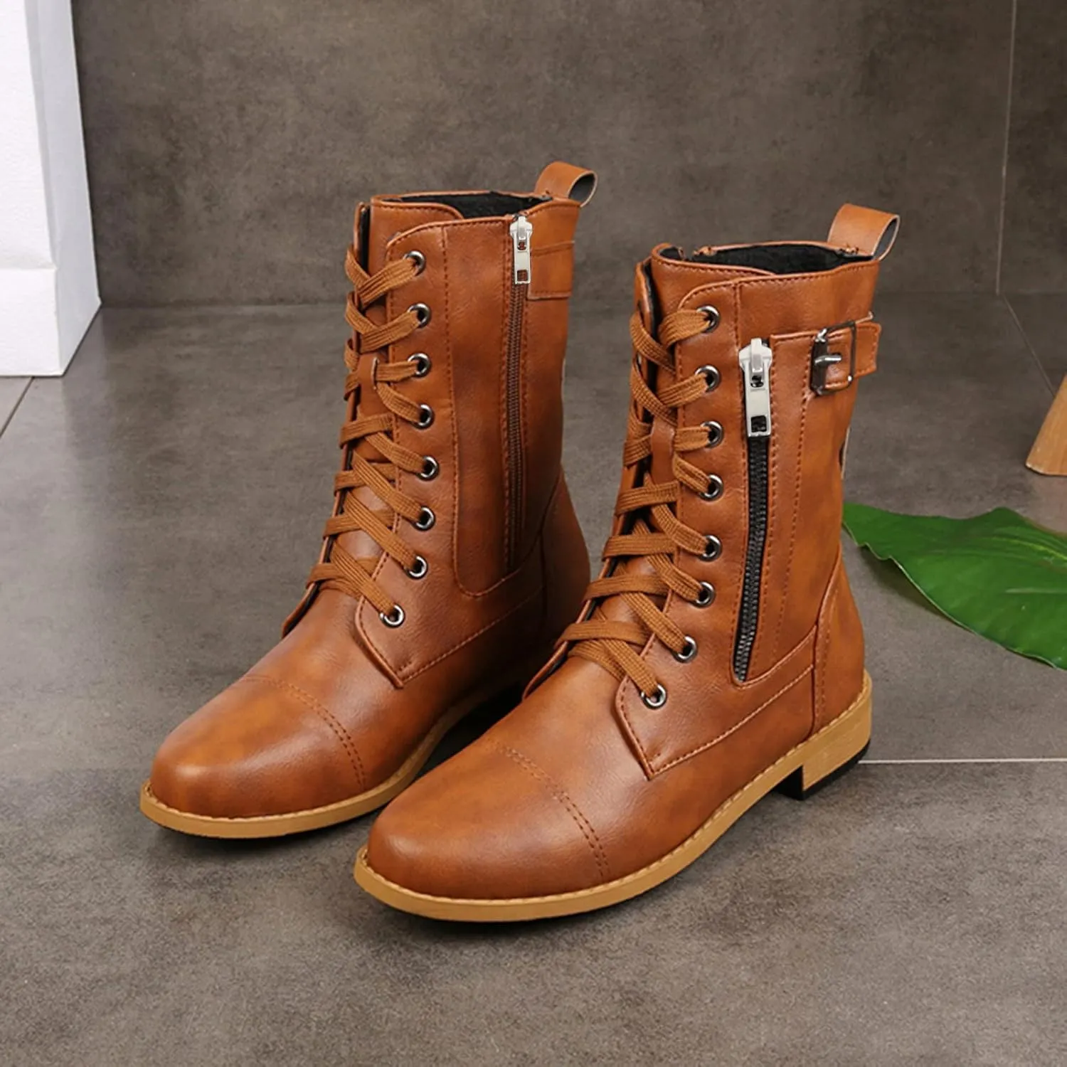 Womens Boots Fashion Side Zipper Lace Up Chunky Heel Motorcycle Boots for Women Soft Leather Mid-Calf Boots