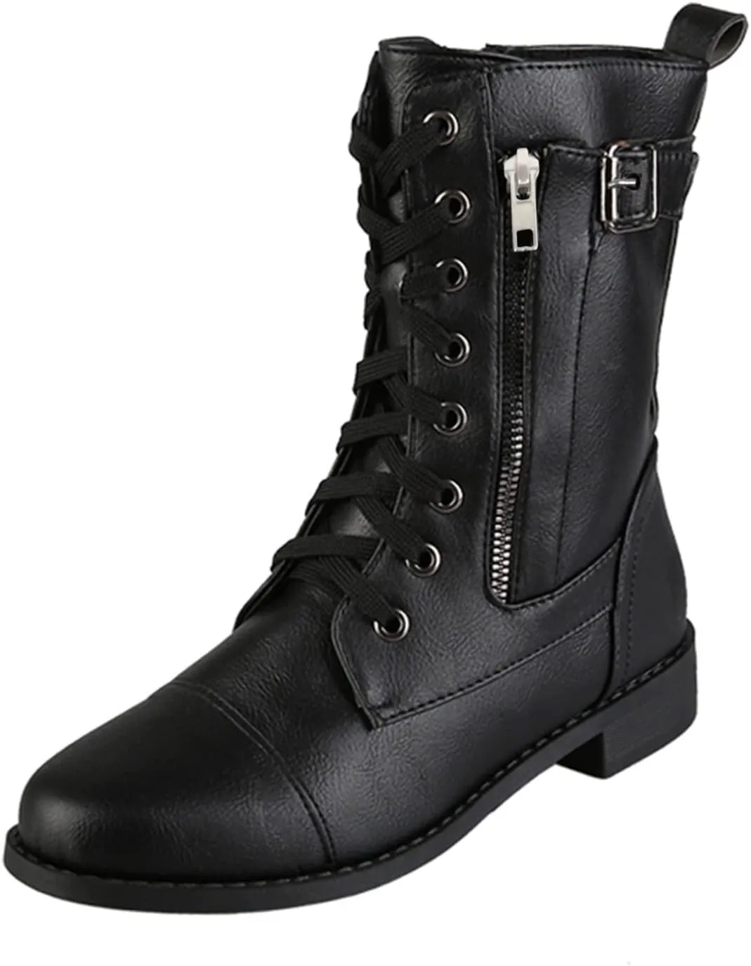 Womens Boots Fashion Side Zipper Lace Up Chunky Heel Motorcycle Boots for Women Soft Leather Mid-Calf Boots