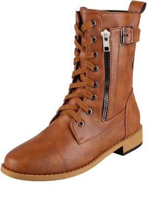 Womens Boots Fashion Side Zipper Lace Up Chunky Heel Motorcycle Boots for Women Soft Leather Mid-Calf Boots