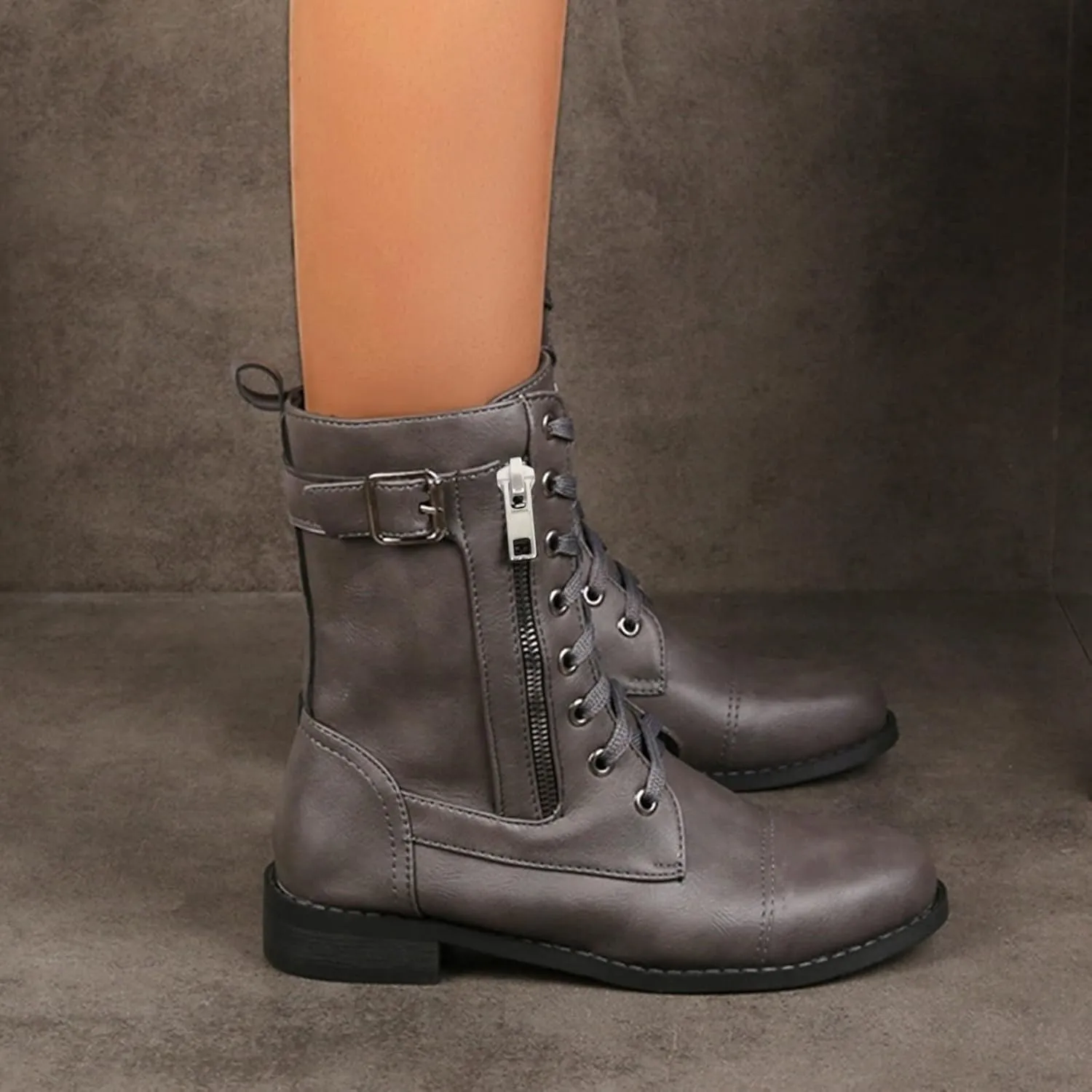 Womens Boots Fashion Side Zipper Lace Up Chunky Heel Motorcycle Boots for Women Soft Leather Mid-Calf Boots