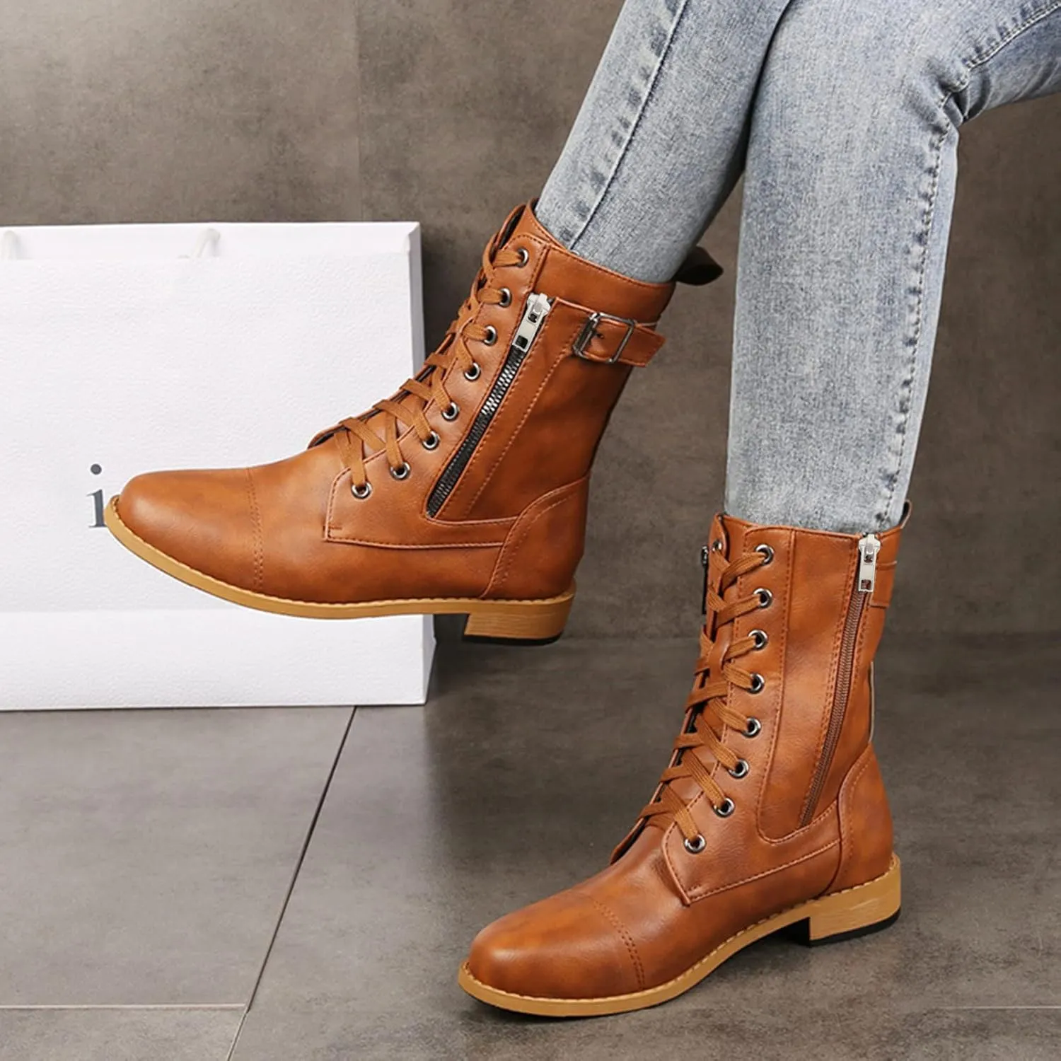 Womens Boots Fashion Side Zipper Lace Up Chunky Heel Motorcycle Boots for Women Soft Leather Mid-Calf Boots