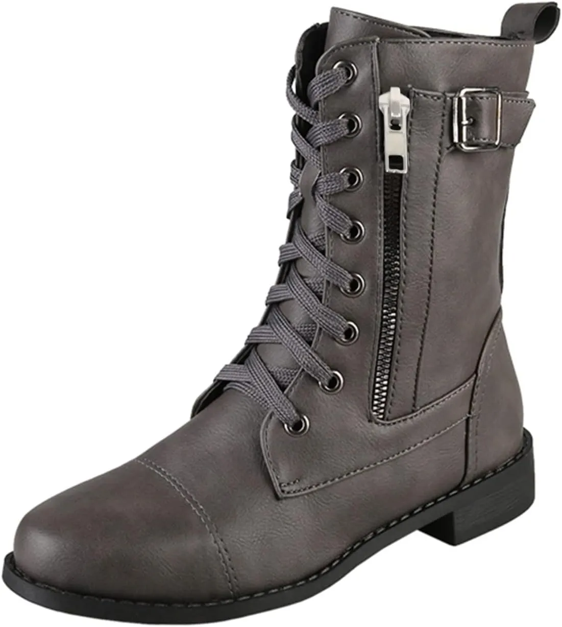 Womens Boots Fashion Side Zipper Lace Up Chunky Heel Motorcycle Boots for Women Soft Leather Mid-Calf Boots